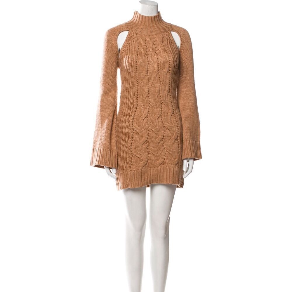 Tularosa Tan Cable Knit Cold Shoulder Turtleneck Sweater Tunic Mini Dress XS
